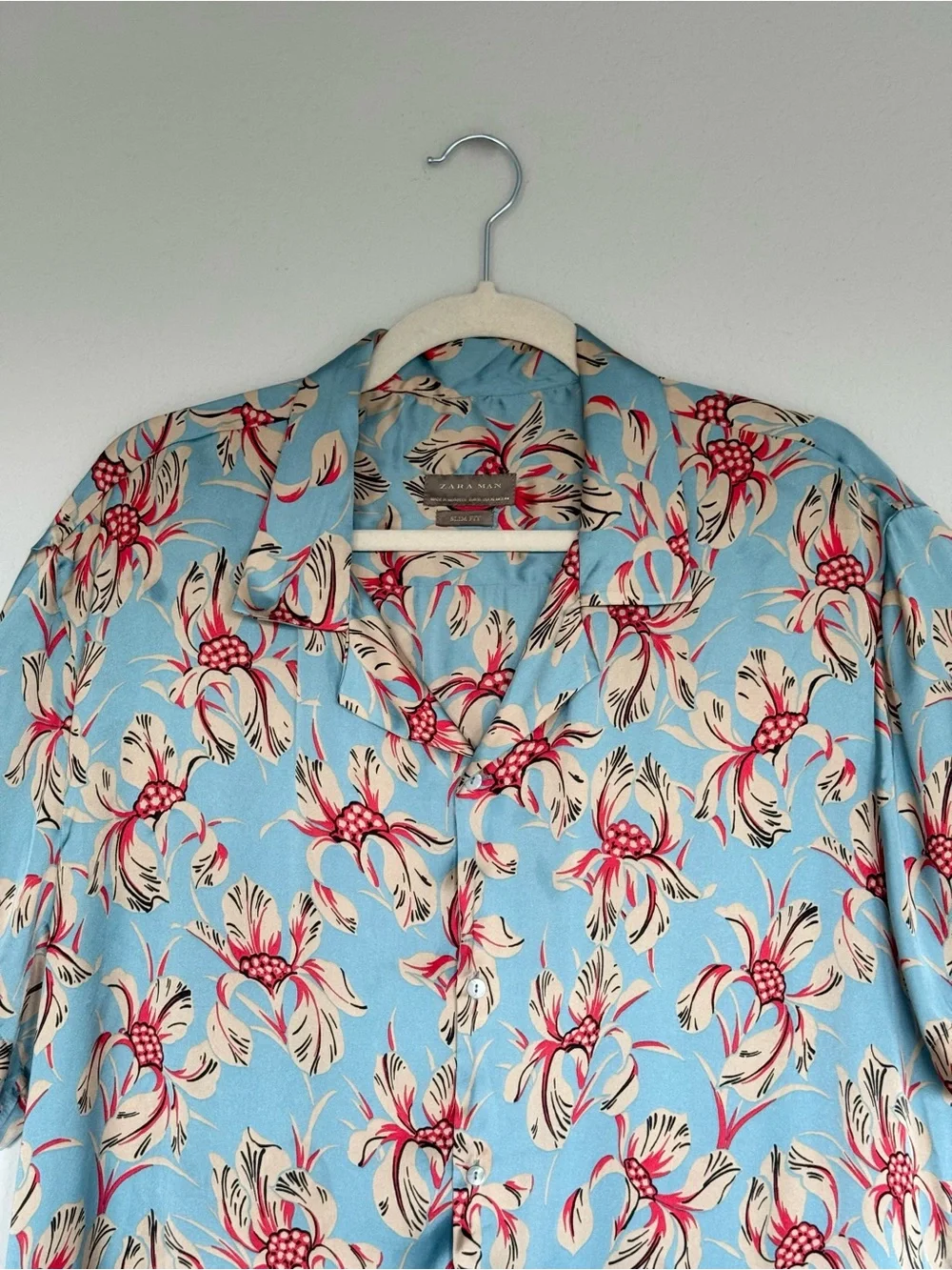 Zara Man Slim Fit Floral Camp Collar Shirt Blue Red Floral Hawaiian Button Down